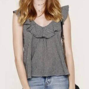 HEARTLOOM Ruffle Scoop Neck Sleeveless Blouse Black White Gingham Check Plaid‎ M